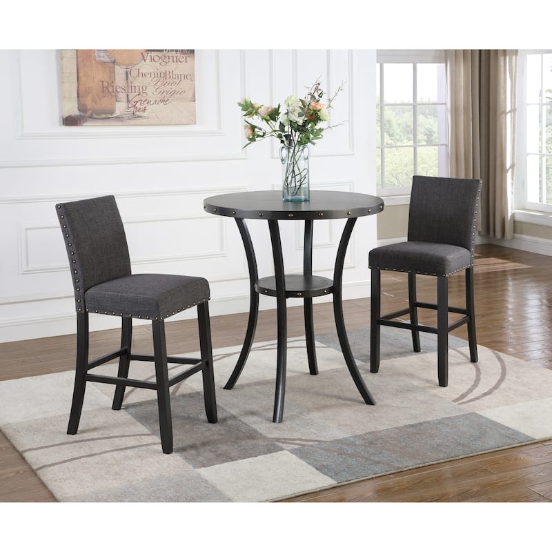 3 Pieces Round Bar Table and Chair Set, Small Dining Table for 2, Breakfast Table with Storage and 2 Fabric Nailhead Pub Chairs - Brown+Gray