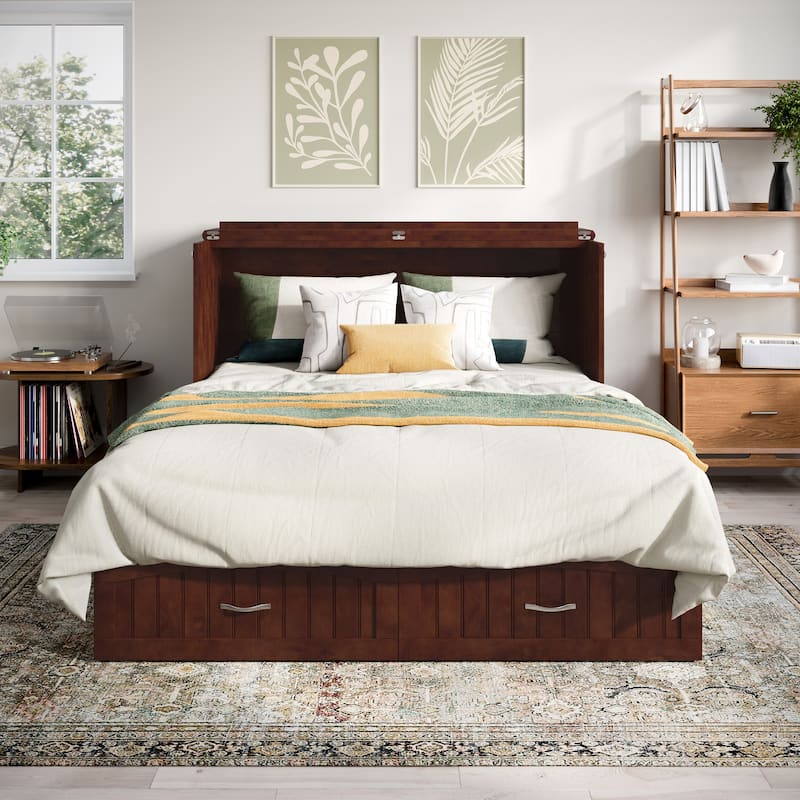 Aspen Queen Murphy Bed Chest with 6" Mattress, Storage Drawer & Built-In Charger in Walnut