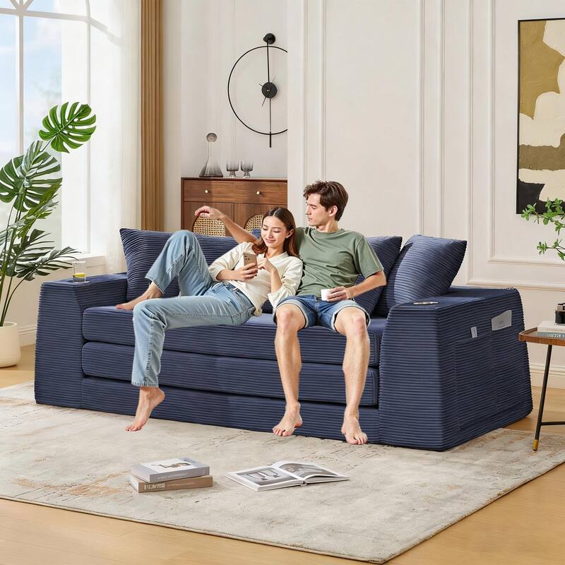 2 in 1 Convertible Sofa Bed, Sleeper Sofa with Storage Pockets, Pull Out Loveseat Couch with Two Cup Holders