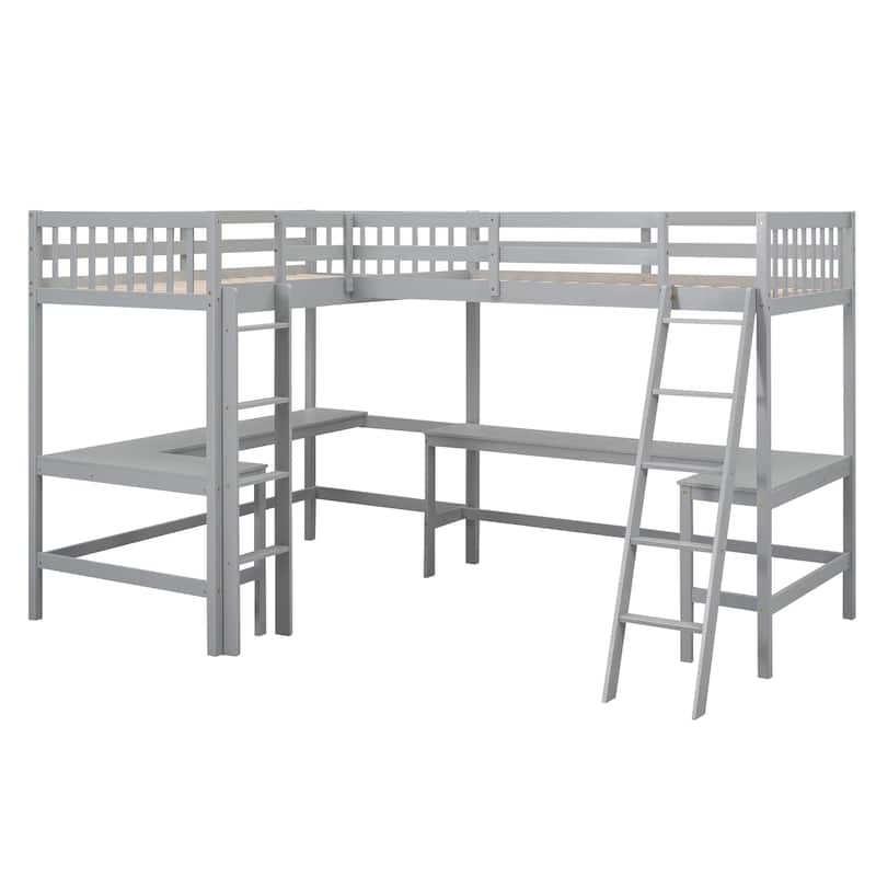 Roomfitters L-Shaped Twin Loft Bed with Ladder Access and Two Built-in Study Desks