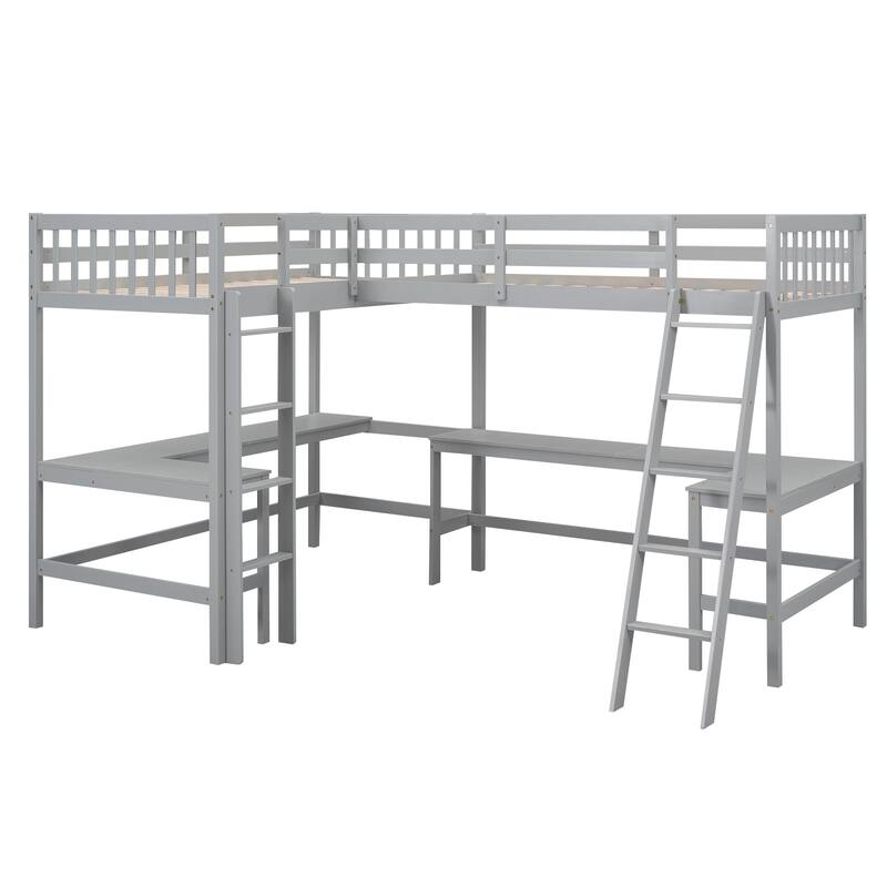 Twin L-Shaped Loft Bed with 2 Built-in Desks and Ladder, Space-Saving Wood Frame