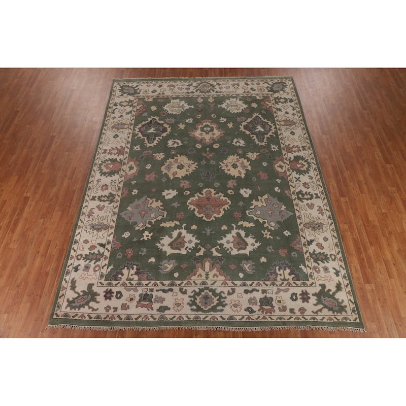 Green & Ivory Floral Oushak Oriental Area Rug Handmade Wool Carpet - 9'1" x 11'11"