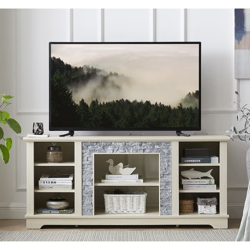 Classic White TV Stand with Faux Stacked Stone, Fits 65 TVs, 4 Adjustable Shelves, Cable Management - White