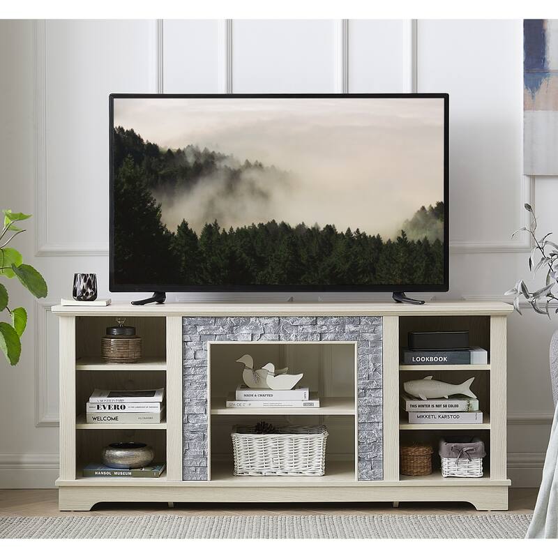 Traditional Style TV Stand with Faux Stone Accent, 6 Storage Shelf and 2 Shelf for Family Living Room - White