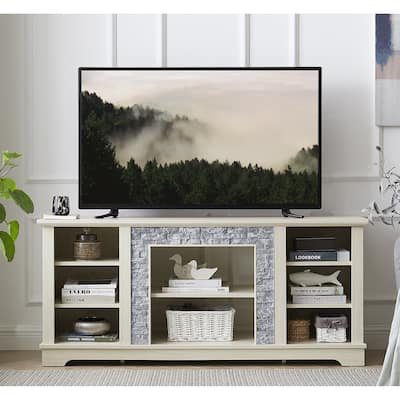Traditional Style TV Stand with Faux Stone Accent, 6 Storage Shelf and 2 Shelf for Family Living Room