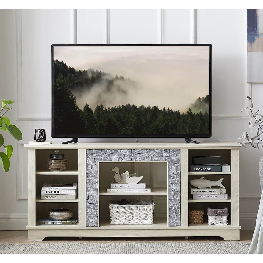 White 58.31" TV Stand with Faux Stacked Stone Surround, Adjustable Shelves and Open Storage Space for TVs Up to 65"