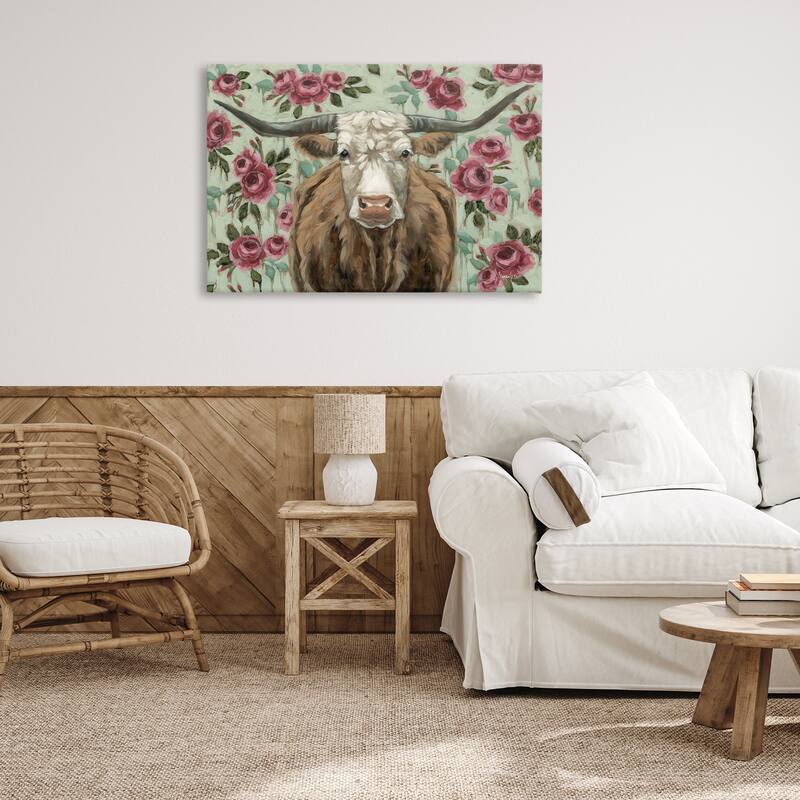 Stupell Longhorn with Magenta Blooms Canvas Wall Art Design By Sara G. Designs