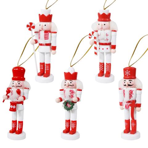 Sunnydaze Nutcracker 5-Piece Christmas Hanging Ornament Set - Red and White