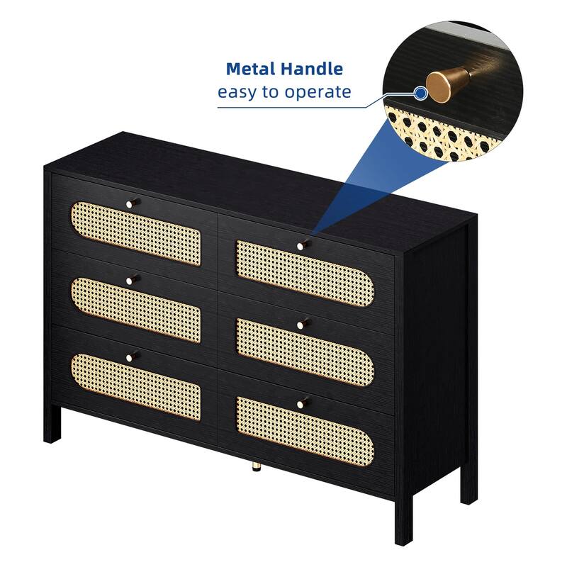 Moasis 4-6-Drawer Dresser Chest Drawer Storage Cabinet Rattan Wood Closet - Black - 6-drawer