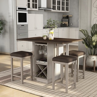 Farmhouse White Wood Drop Leaf 5-Piece Counter Height Dining Table Set ...