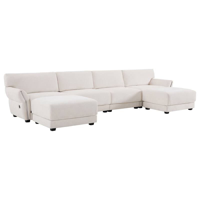 142" Chenille U-Shaped 6-Seater Sectional Sofa with USB/Type-C Charging, Petal Armrests and Free-Move Ottoman