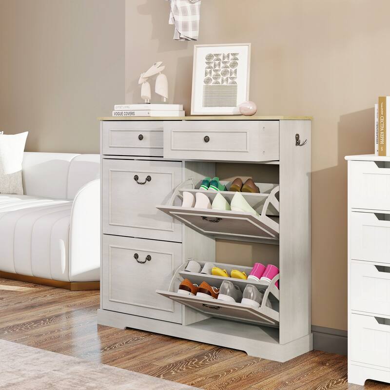 Antique White Slim Shoe Storage Cabinet – Freestanding Organizer with 2 Drawers, 4 Flip-Up Compartments, and Adjustable Shelf