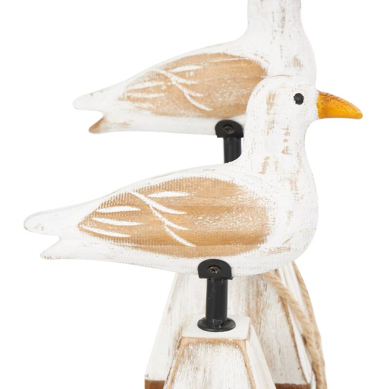 Brown Wooden Bird Decorative Sculpture with White Distressed Buoy Posts (Set of 2)