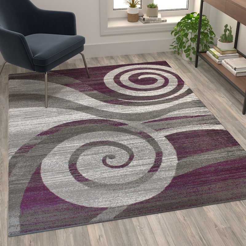 Modern Swirl Design Olefin Area Rug - 5' x 7' - Purple