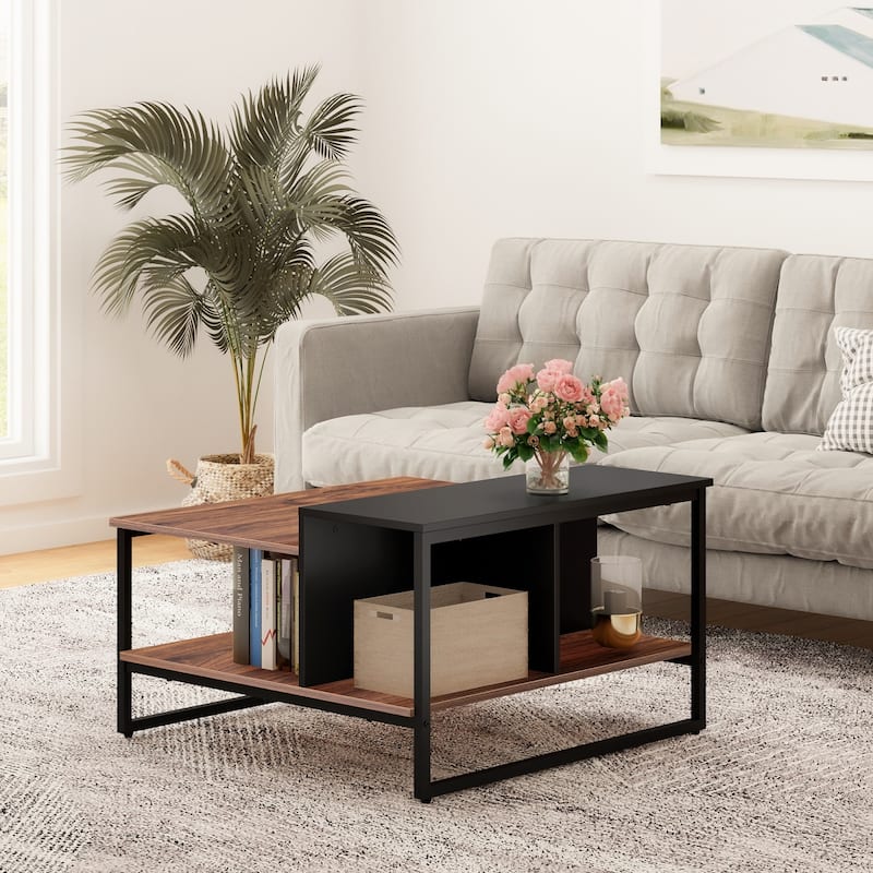 Morden Retangle Coffee Table with Storage Shelves, Wood, 31.5"