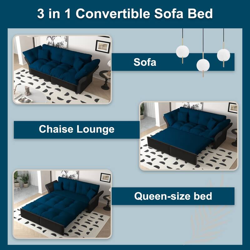 74.8 Inch Queen Pull Out Sofa Bed, 3 in 1 Convertible Velvet Sleeper Loveseat with Tufted Cushions