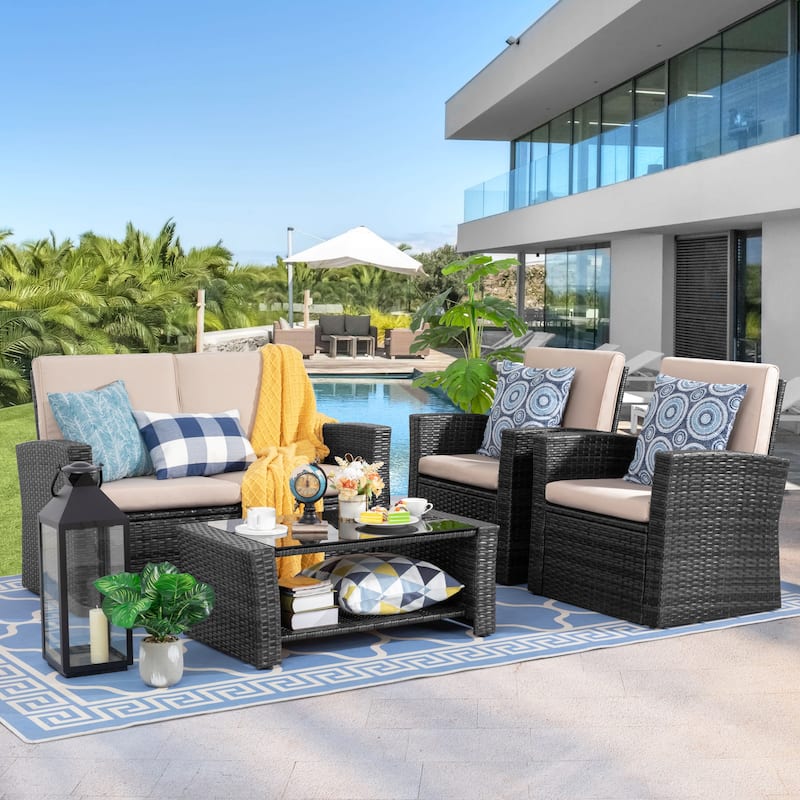 Futzca 4-Piece Outdoor Patio Furniture Set, Wicker Sectional Set - Black