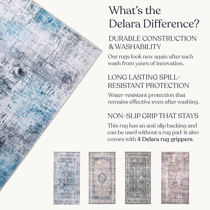 Delara Machine Washable Area Rug, Soft & Durable, Non-Slip Backing, Eco- Friendly GRS certified.