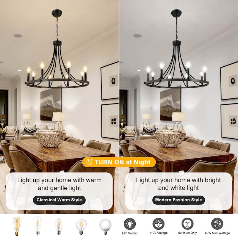 8-Light 25.59 in. Rustic Wagon Wheel Chandelier for Kitchen Living Room