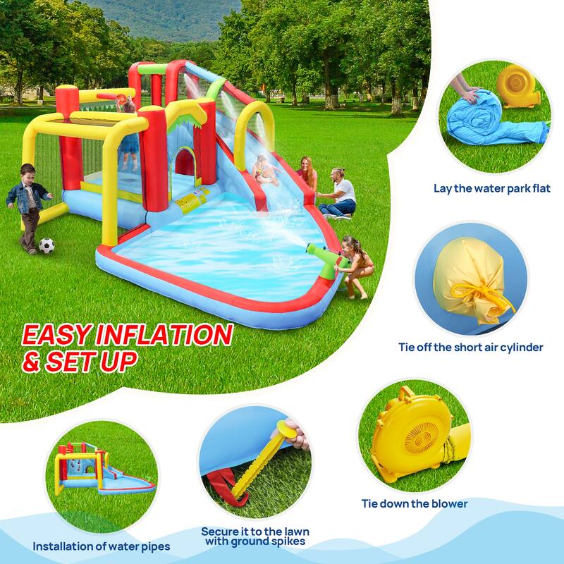 7 in1 Inflatable slide water park bouncing house outdoor Soccer garden bouncer with Splash pool & Water gun & Climbing wall