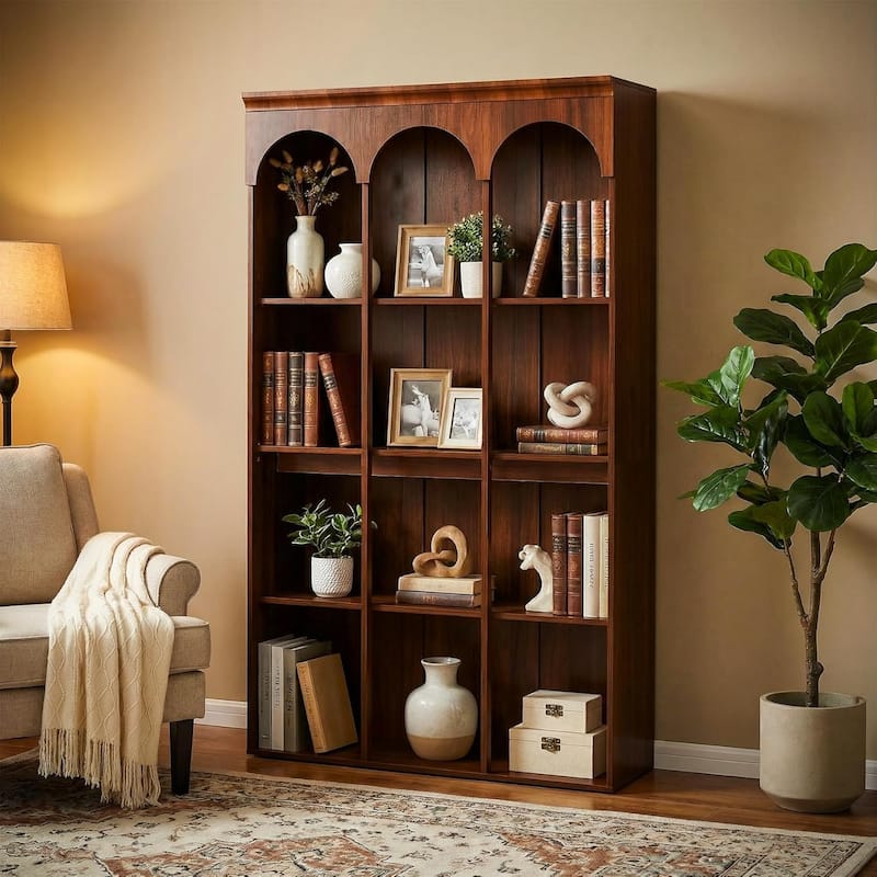 70.9" Tall Arched Bookcase for Living Room, 5-Tier Freestanding Wooden Bookshelf, Mid-Century Modern Library Book Shelving Unit