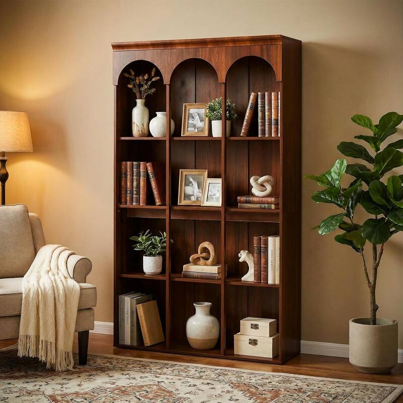 70.9" Tall Arched Bookcase for Living Room, 5-Tier Mid-Century Modern Freestanding Wooden Library Bookshelf - Brown