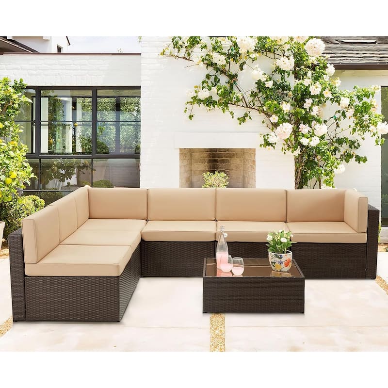 AECOJOY 7 Piece Outdoor Patio Furniture Set, PE Rattan Outdoor Wicker Sectional Furniture Chair Set with Cushions and Tea Table
