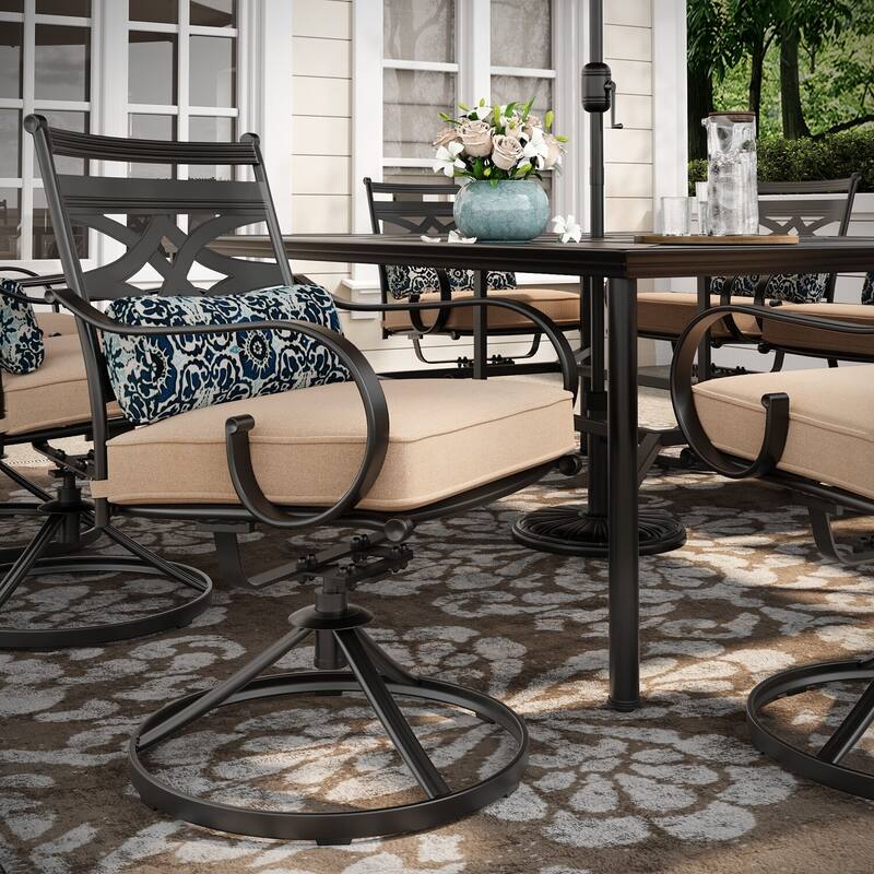 Hanover Montclair 11-Piece Dining Set in Tan with 10 Swivel Rockers, 60-In. x 84-In. Table, 11-Ft. Umbrella and Umbrella Stand