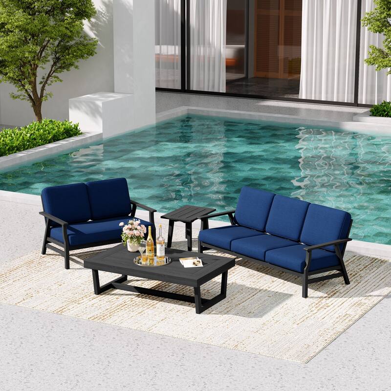 Teak Outdoor Seating Set with Daybed & Tables.