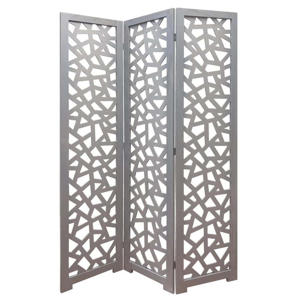 3 Panel Contemporary Wooden Screen with Cut Pattern Design, Gray