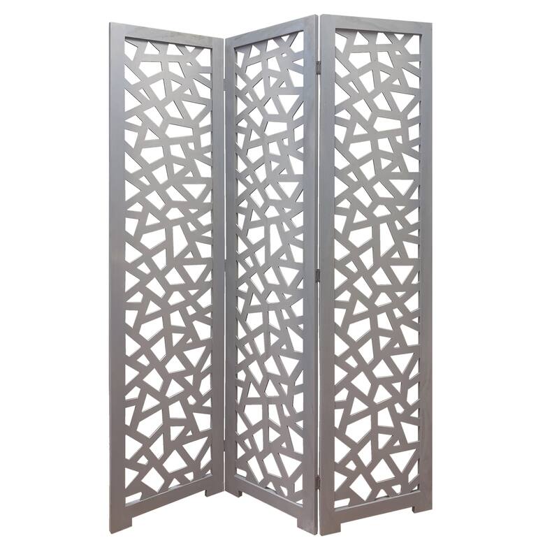 3 Panel Contemporary Wooden Screen with Cut Pattern Design, Gray