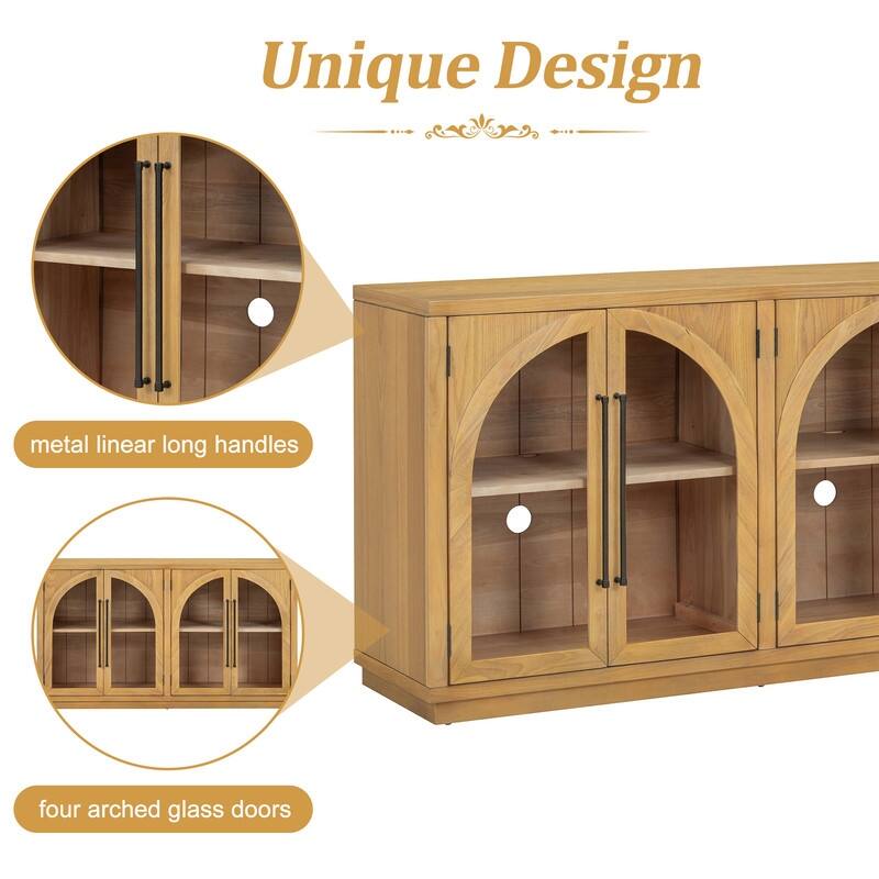 Retro Style Wood Buffet Sideboard with 4 Arched Glass Doors, Kitchen Storage Side Cabinet with Adjustable Shelves