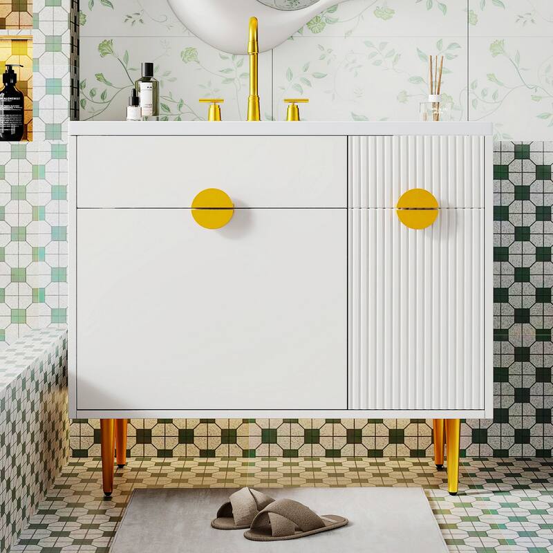 36-Inch Modern Bathroom Vanity with Resin Basin,Soft-Closing Doors,and Ample Storage for Organized Living - White