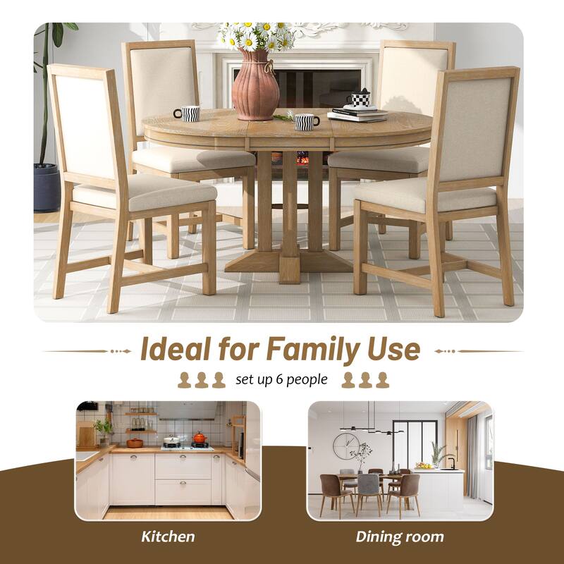 Farmhouse 5-Piece Wooden Dining Table Set with Extendable Round Table & 4 Chairs