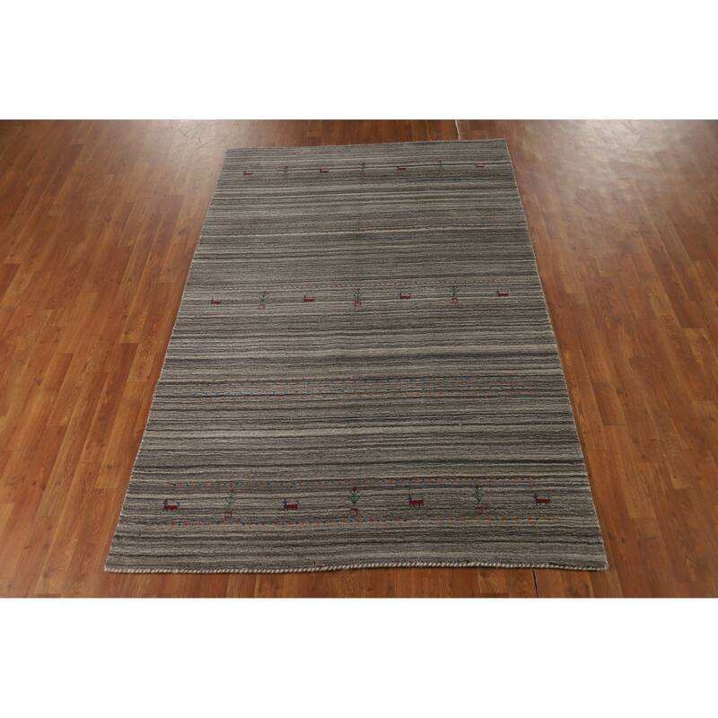 Hand Knotted Oriental 100% Wool Carpet Tribal Animal Pictorial Greys & Charcoal Gabbeh Area Rug - 7' 7'' X 5' 0''
