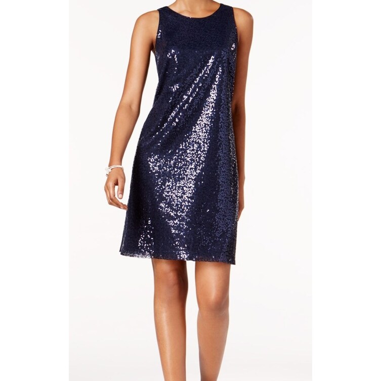 blue sequin shift dress