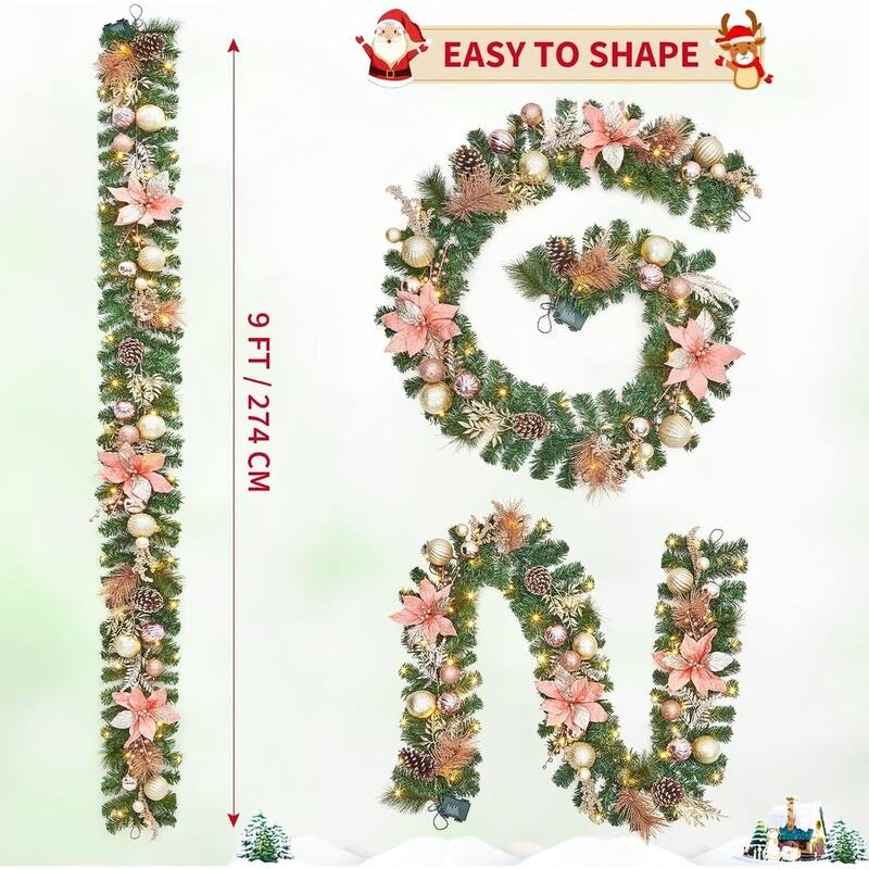 9 ft Pre-Lit Christmas Garland for Mantle Outdoor Fireplace Table Stair Railing Decoration