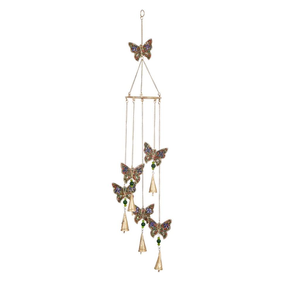 Metal Butterfly Handmade Embellished Indoor Outdoor Windchime with Glass Beads and Cone Bells - Gold - Roche River Decor