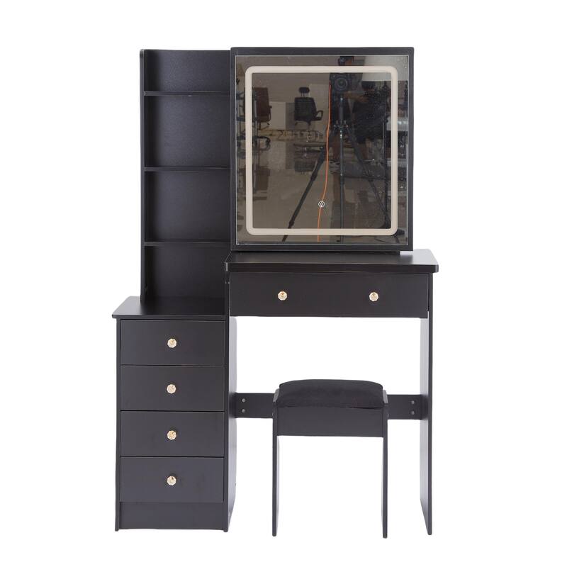 37" Full-Size Vanity Set with LED Mirror, Adjustable Light & Mirror - Black