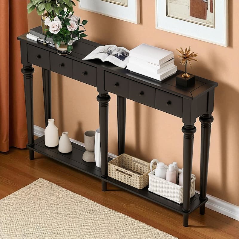 59.8" Rustic Entryway Console Table with 4 Drawers and Open Shelf, Retro Pine Veneer Hallway Accent Table