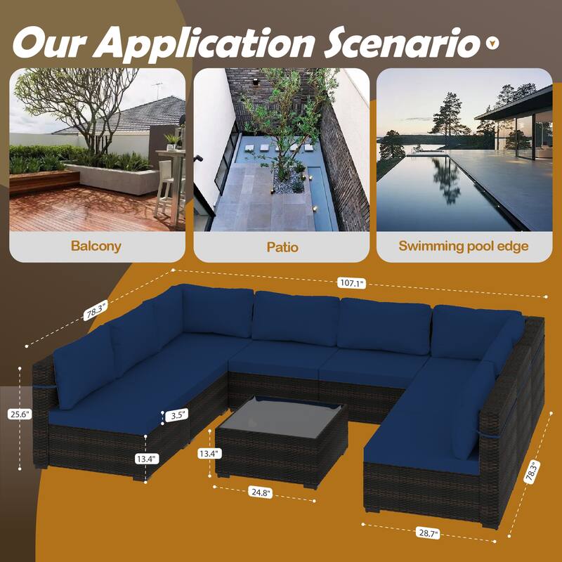 UPHA 9 Pieces Patio Furniture Set Outdoor Sectional Sofa Set, Brown PE Rattan Wicker Conversation Set with Coffee Table