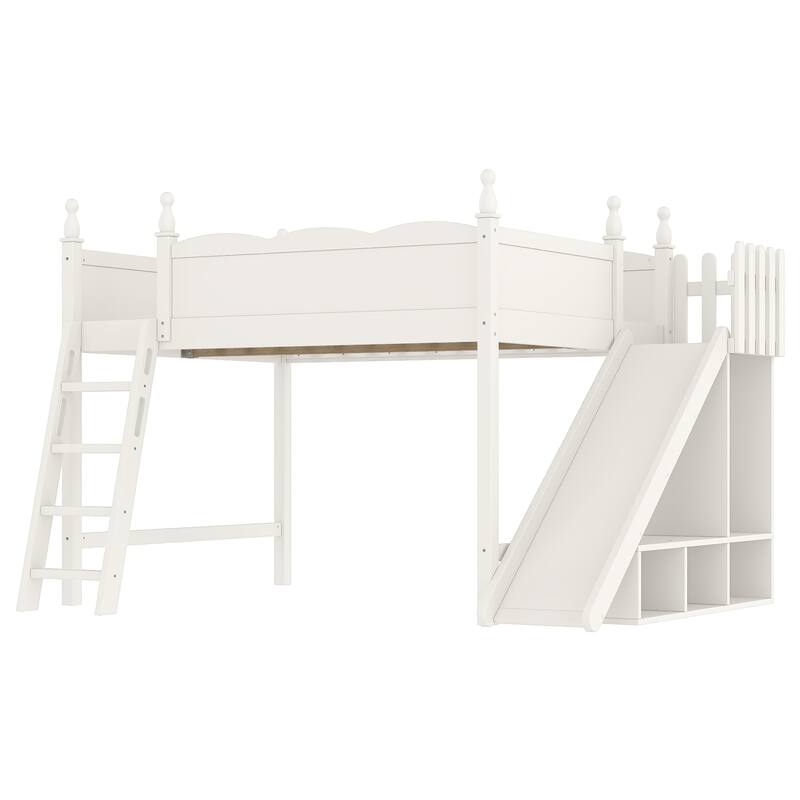 Queen Loft Bed with Storage Shelves and Wardrobe, Solid Wood Loft Beds with Detachable Slide and Ladders, No Spring Box Needed