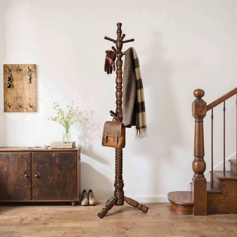 74.4" Solid Wood Coat Rack Freestanding, Coat Tree Stand with 11 Hooks - 74.4"H x 20.9"W