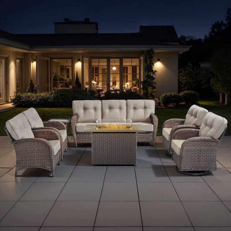 TWrap Wicker Patio Fire Pit Conversation Set with 3-Seat Sofa & Swivel Gliders & Armchairs - Brown/Beige - No Ottomans