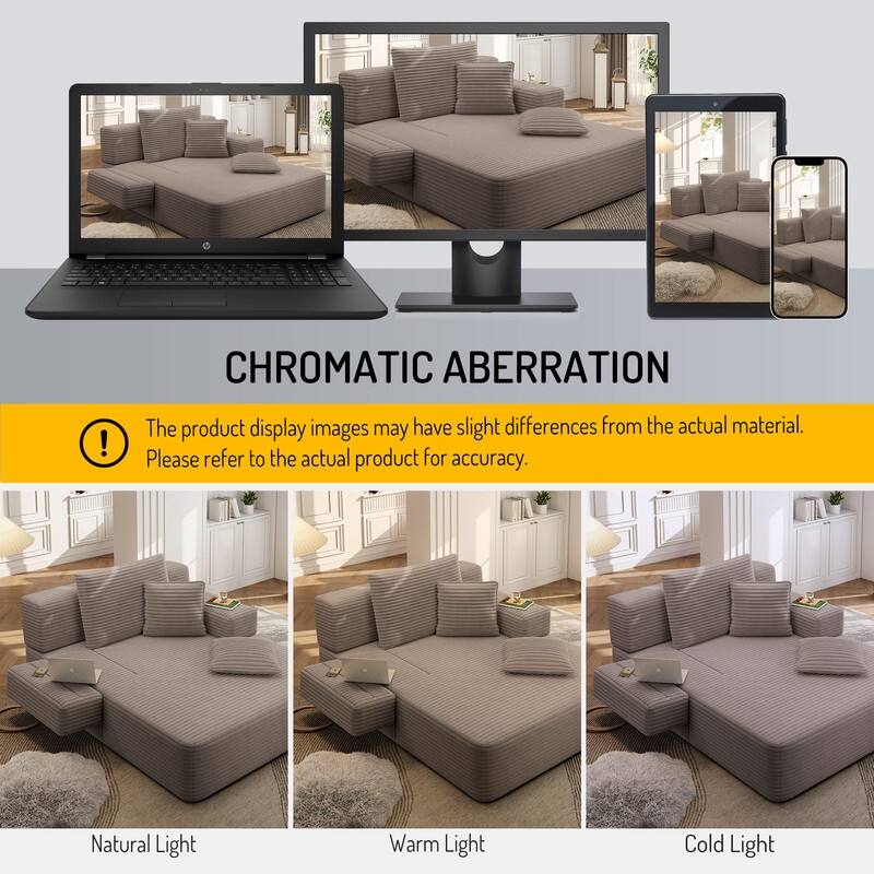 Luxurious Plush Corduroy Chaise Lounge Convertible Sofa Bed with Storage Pocket and Wide Armrests