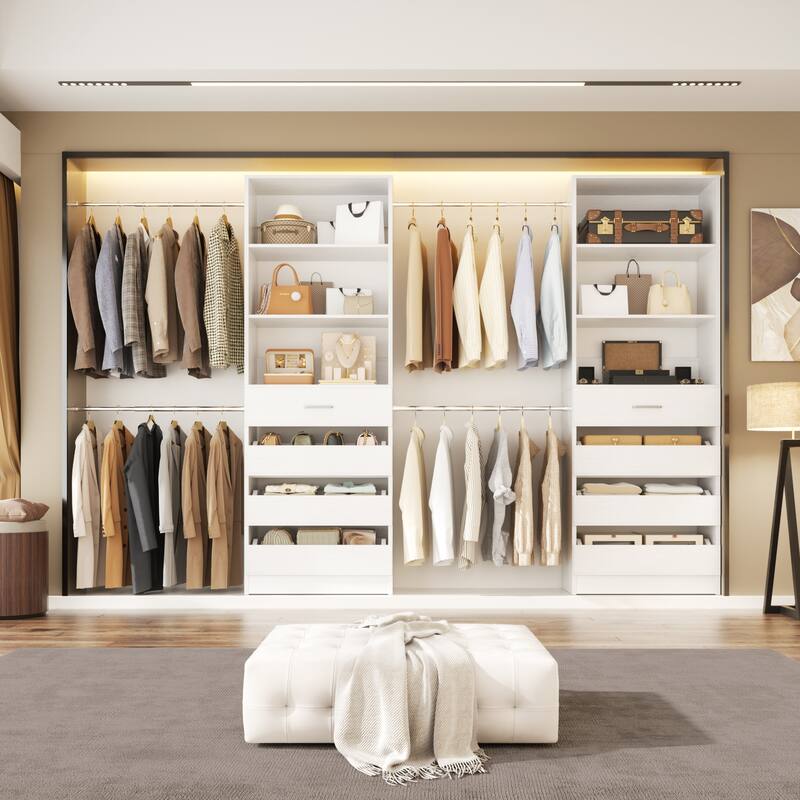 Qvella 95''-136'' W Closet System with 8 Wooden Drawers and 4 Hanging Rods, Walk-in Closet Organizer with 6 Storage Shelves