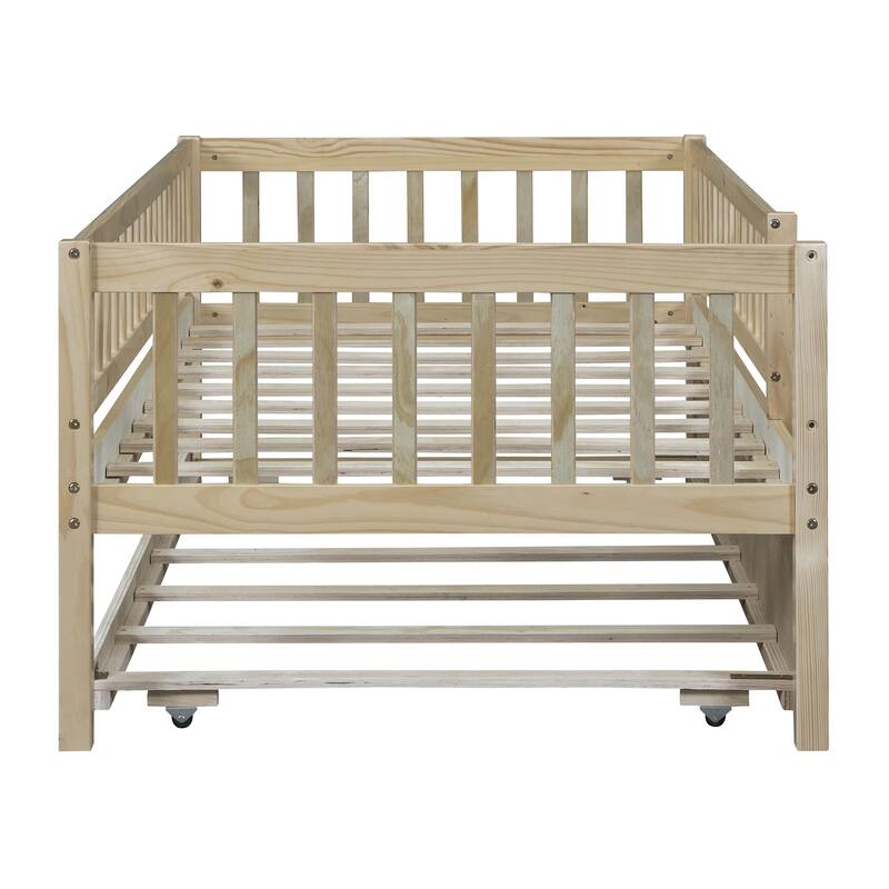 Twin Daybed with Trundle, Wood Twin Size Kids Bed Frame with Fence, Twin Trundle Bed for Girls, Boys, Twin Platform Bed