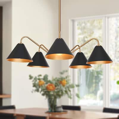 Modern Industrial 5-Light Black Gold Chandelier Metal Wheel Pendant Lights for Dining Room - 27" D x 6.5" H