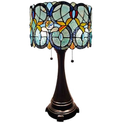 Tiffany Style Table Lamp Floral 21" Tall Stained Glass White Decor Nightstand Bedroom Handmade Gift Amora Lighting
