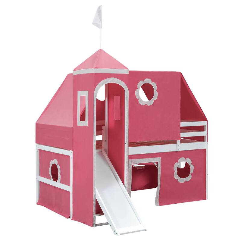 Castle Frame Bed Wood Loft Bed Loft Bed Convertible To Mini Playground with Pink Tent and Tower, Child Bed Tent